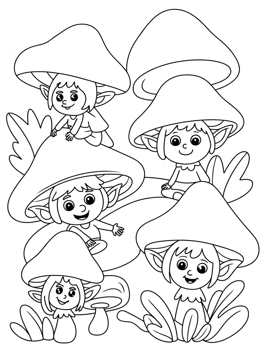 Mystical woodland mushroom elves - Free Coloring Page