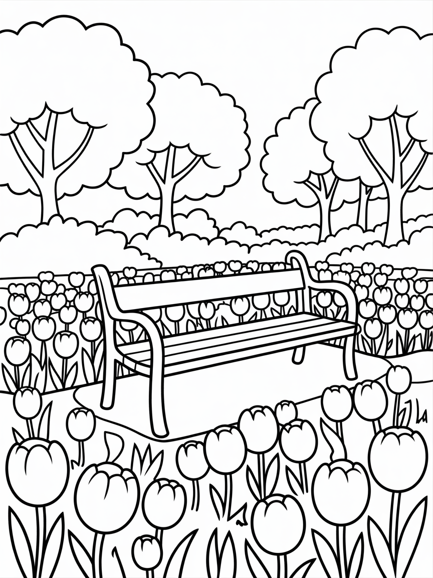 A park bench seat in the middle of a field of tulips with forest around the outside of field - Free Coloring Page