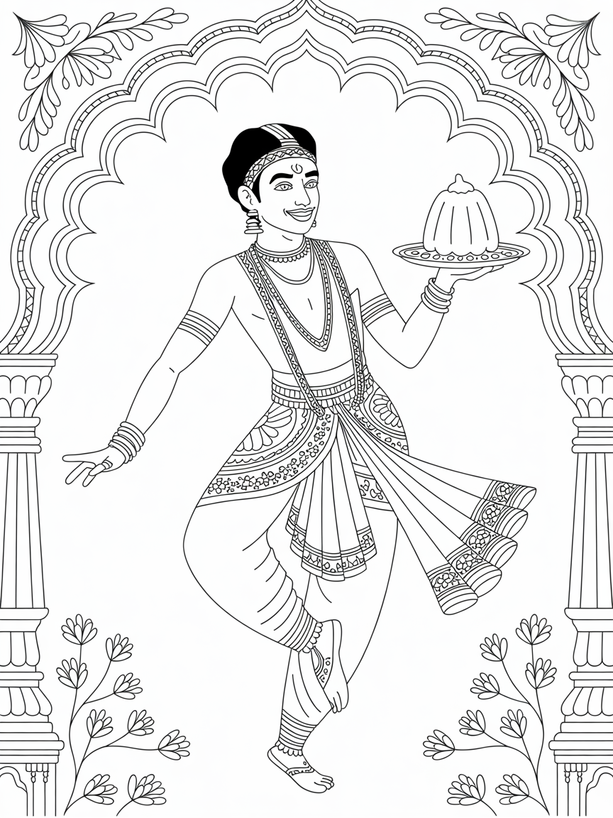 An exotic Indian male dancer carrying a blancmange - Free Coloring Page
