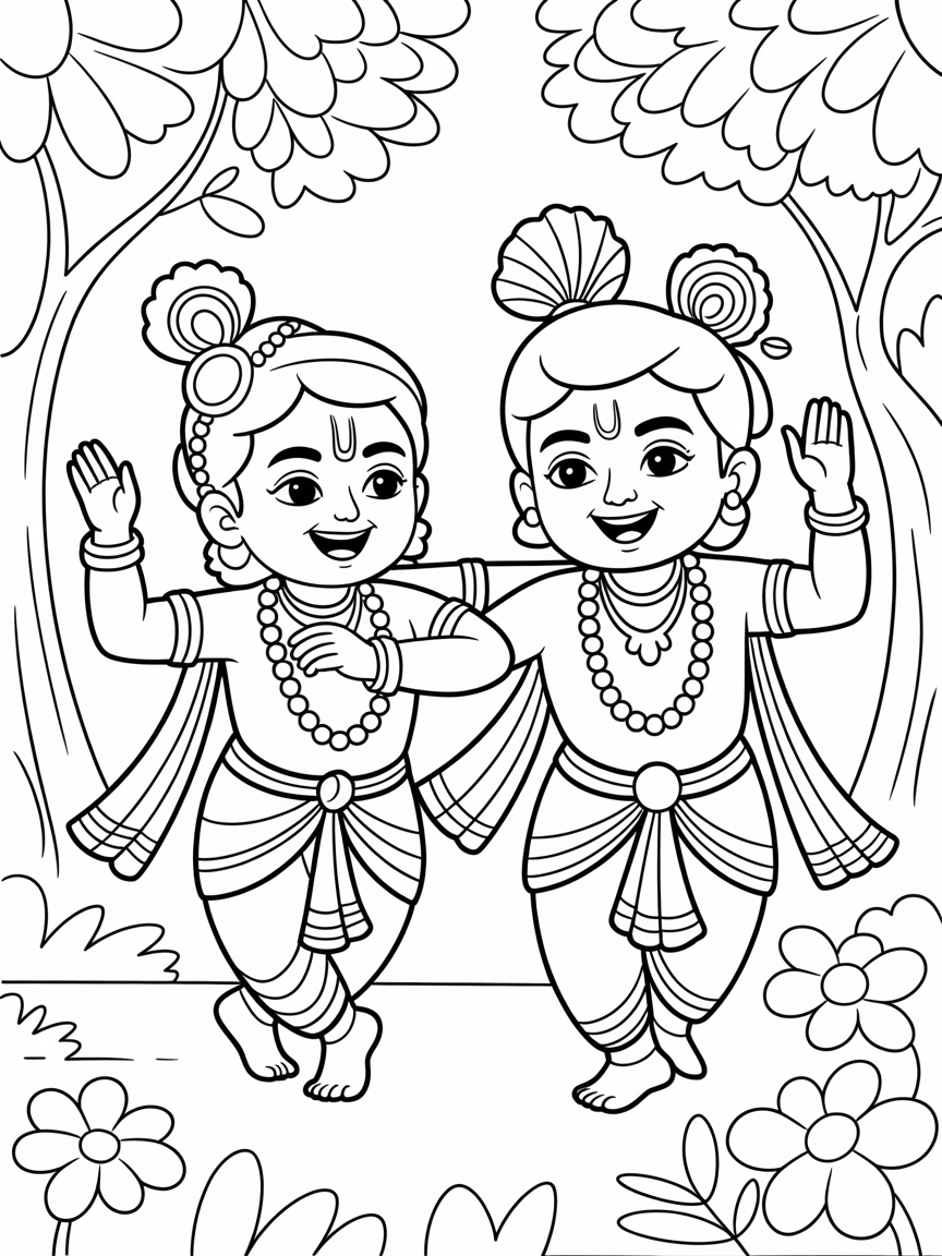 Krishna and Balaram wearing torbans, dhotis, chaddars and jewerlies. The are in a dancing pose with a forest background with flowers. - Free Coloring Page