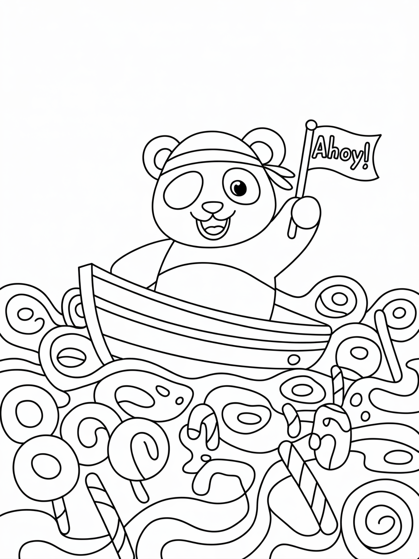 Pirate panda sailing candy seas - Free Coloring Page