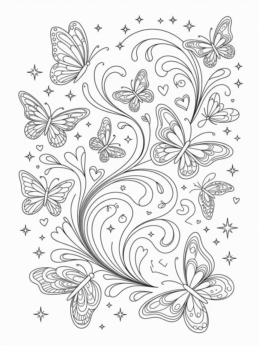Butterflies, hearts and stars - Free Coloring Page