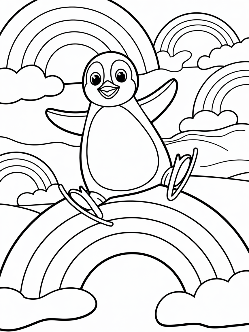 Penguin ice skating on rainbows - Free Coloring Page