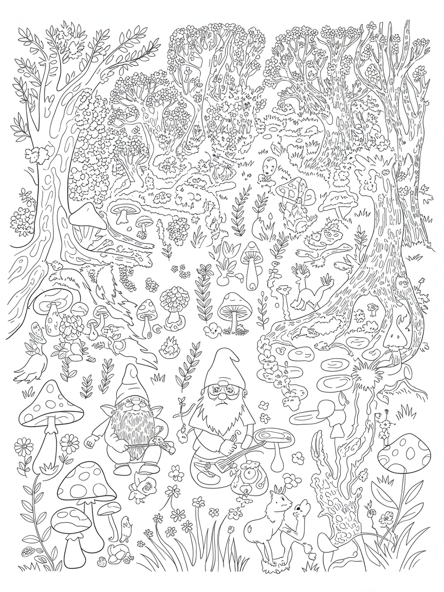 A woodland glad with gnomes, toadstools and animals - Free Coloring Page