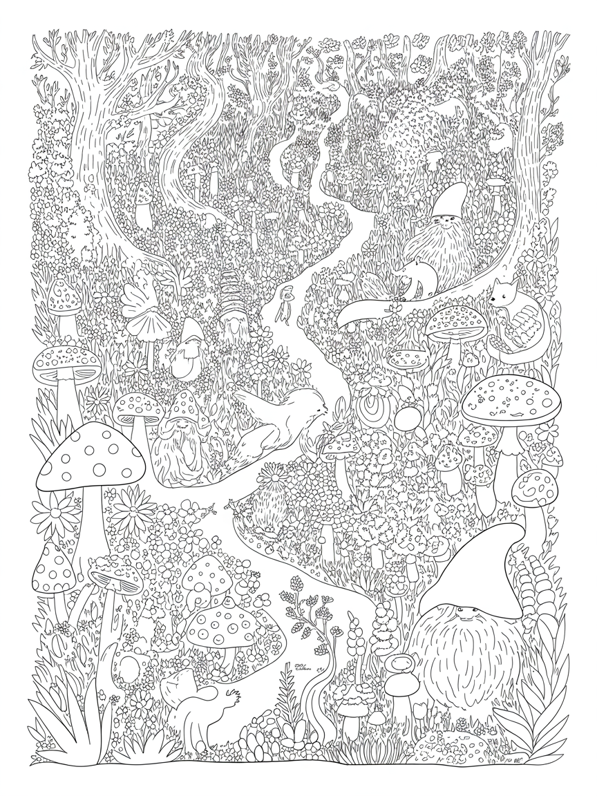A magical woodland glad with gnomes, fairies, toadstools and animals in the style of Joanna Bradford - Free Coloring Page
