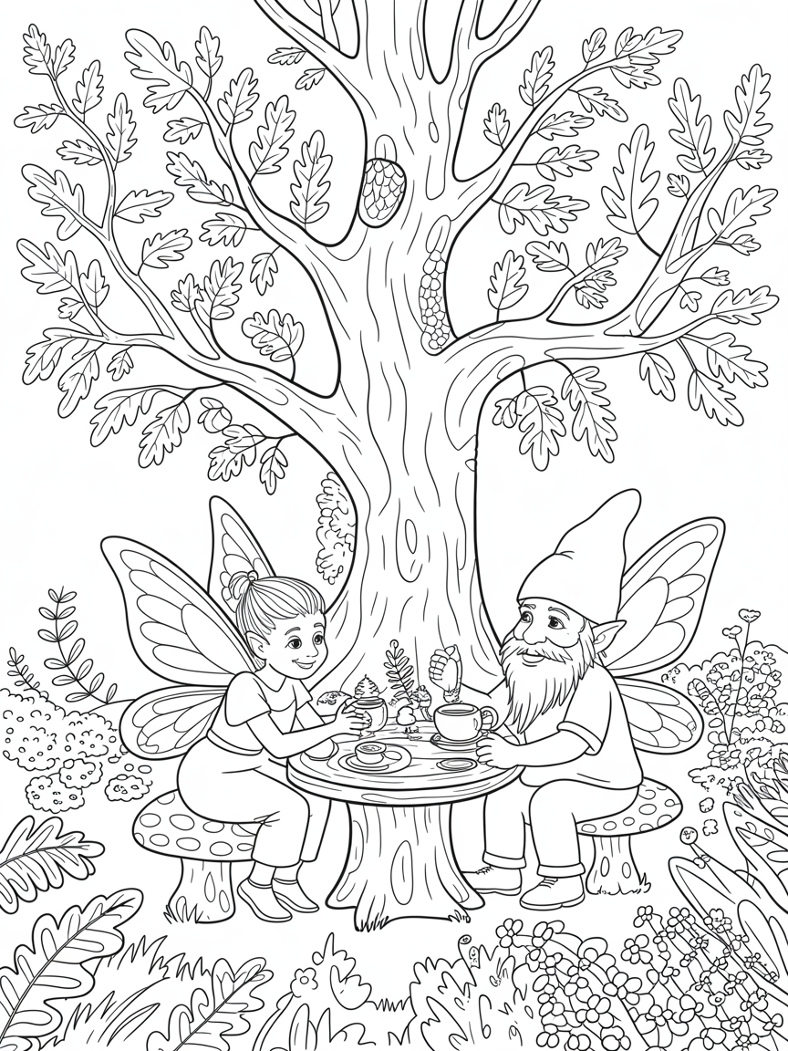 A squirrel in a big Oak tree with an acorn . A fairy and gnome are having tea under the oak tree, they are using toadstools as table and chairs. - Free Coloring Page