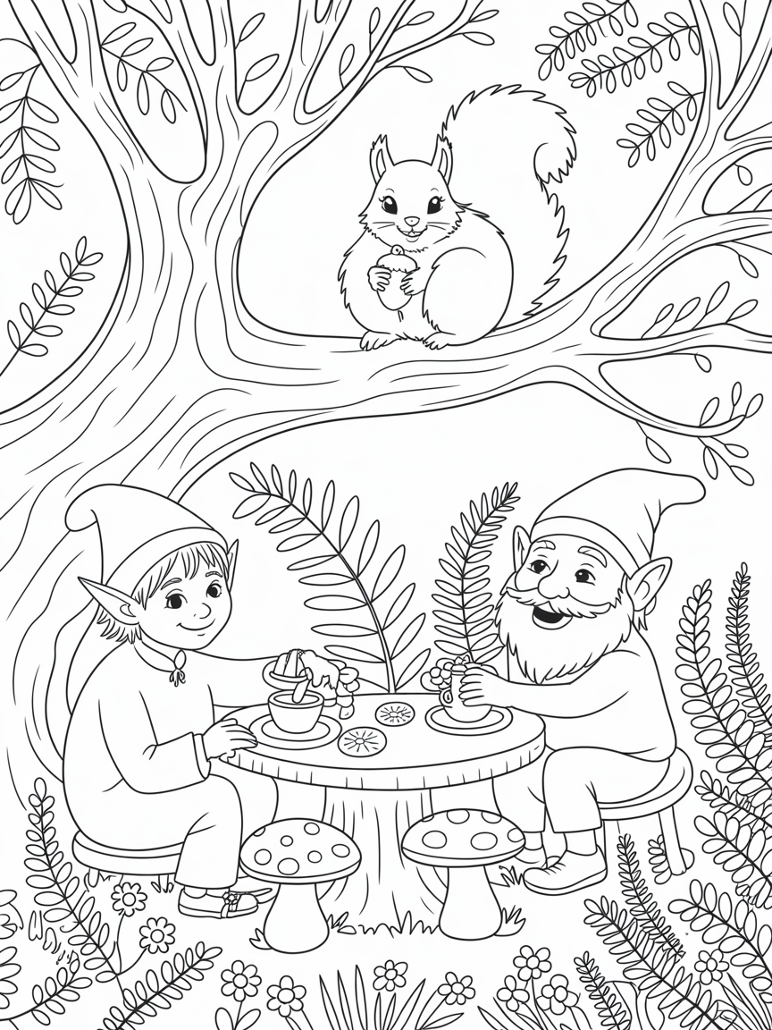A squirrel in a big Oak tree with an acorn . An elf and gnome are having tea under the oak tree, they are using toadstools as table and chairs. In the style of Joanna Bradford - Free Coloring Page