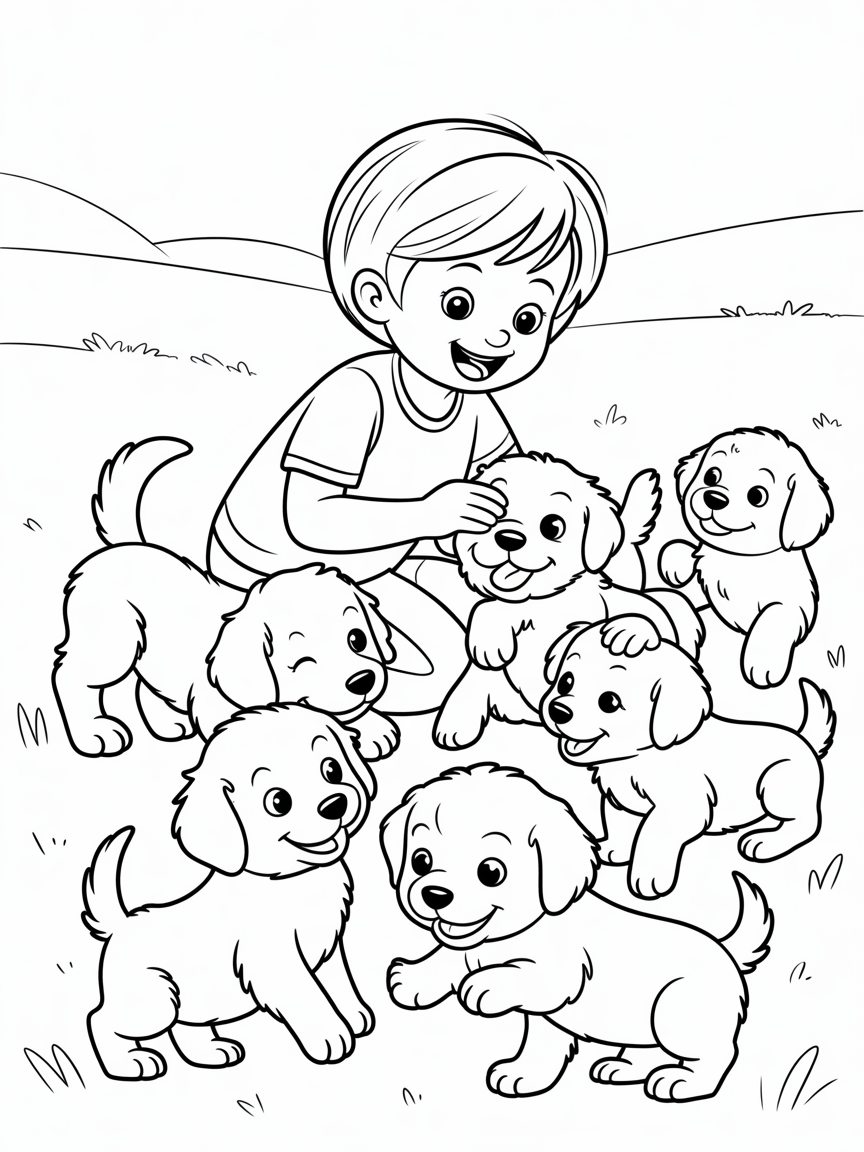 Tall thin girl with short brown pixie cut, playing with a bunch of puppies - Free Coloring Page