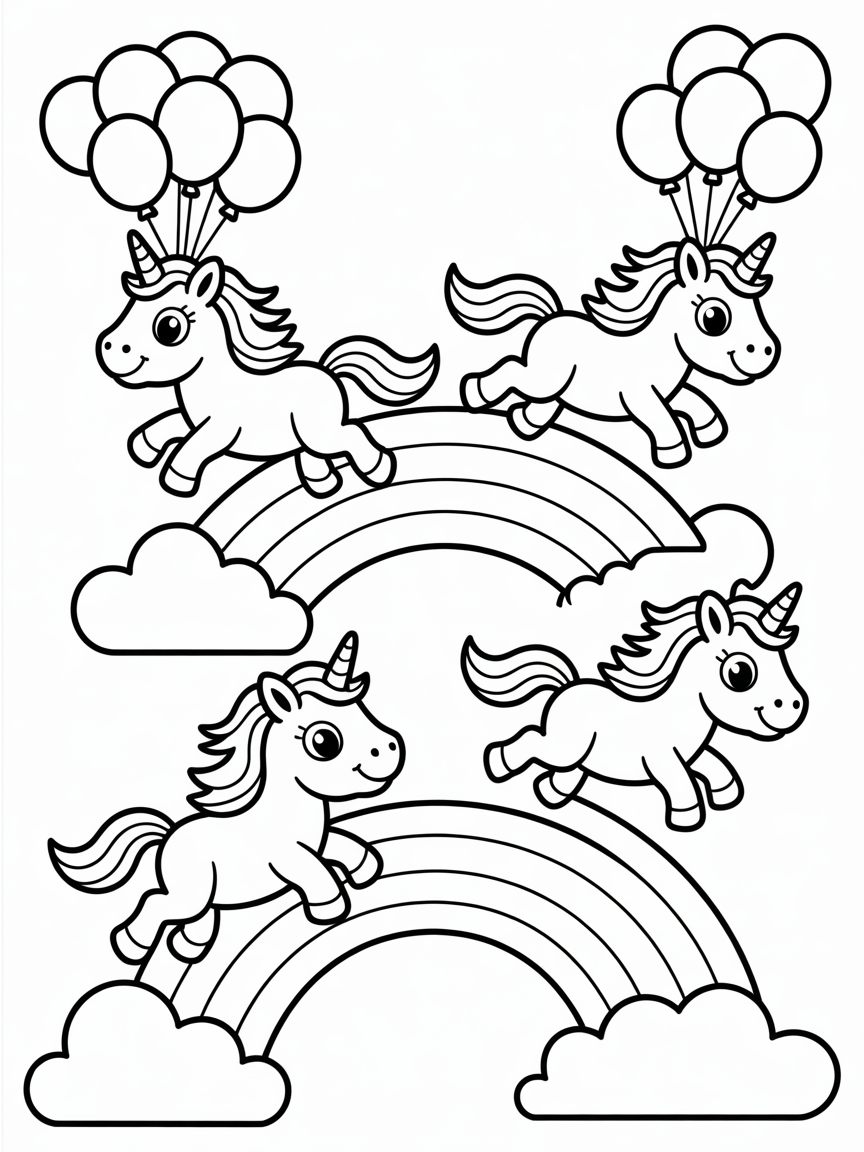 Unicorns racing on rainbows with balloons - Free Coloring Page