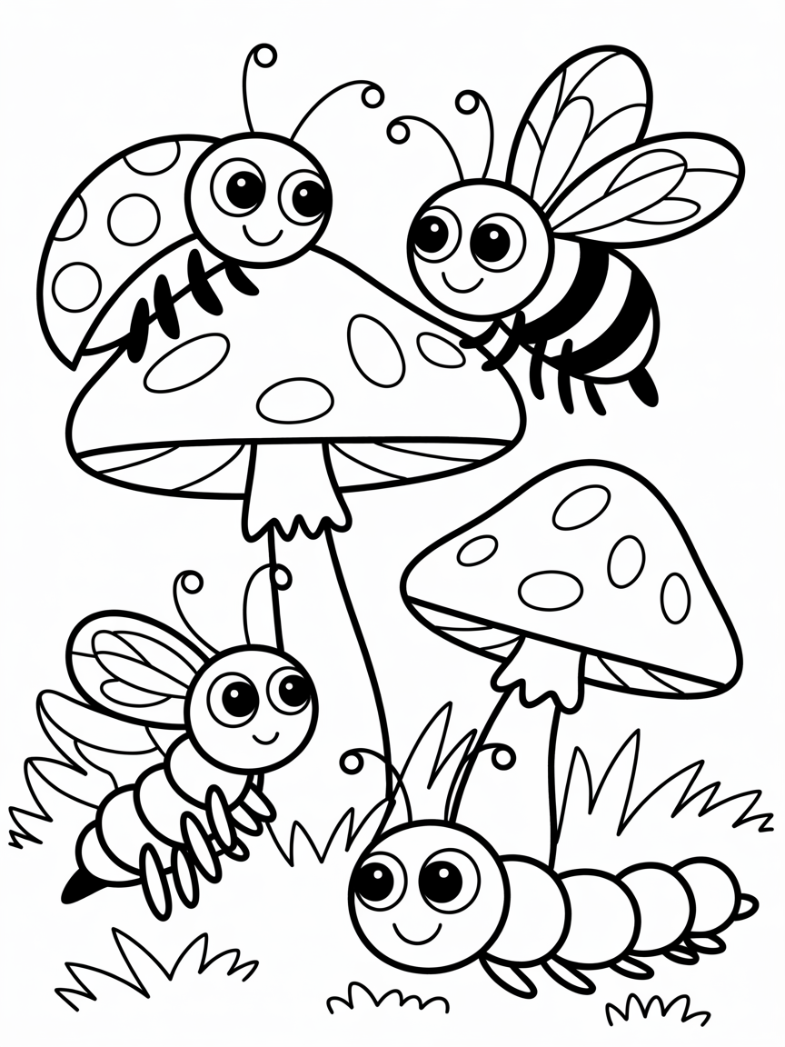 Cryptic insects and mushrooms - Free Coloring Page
