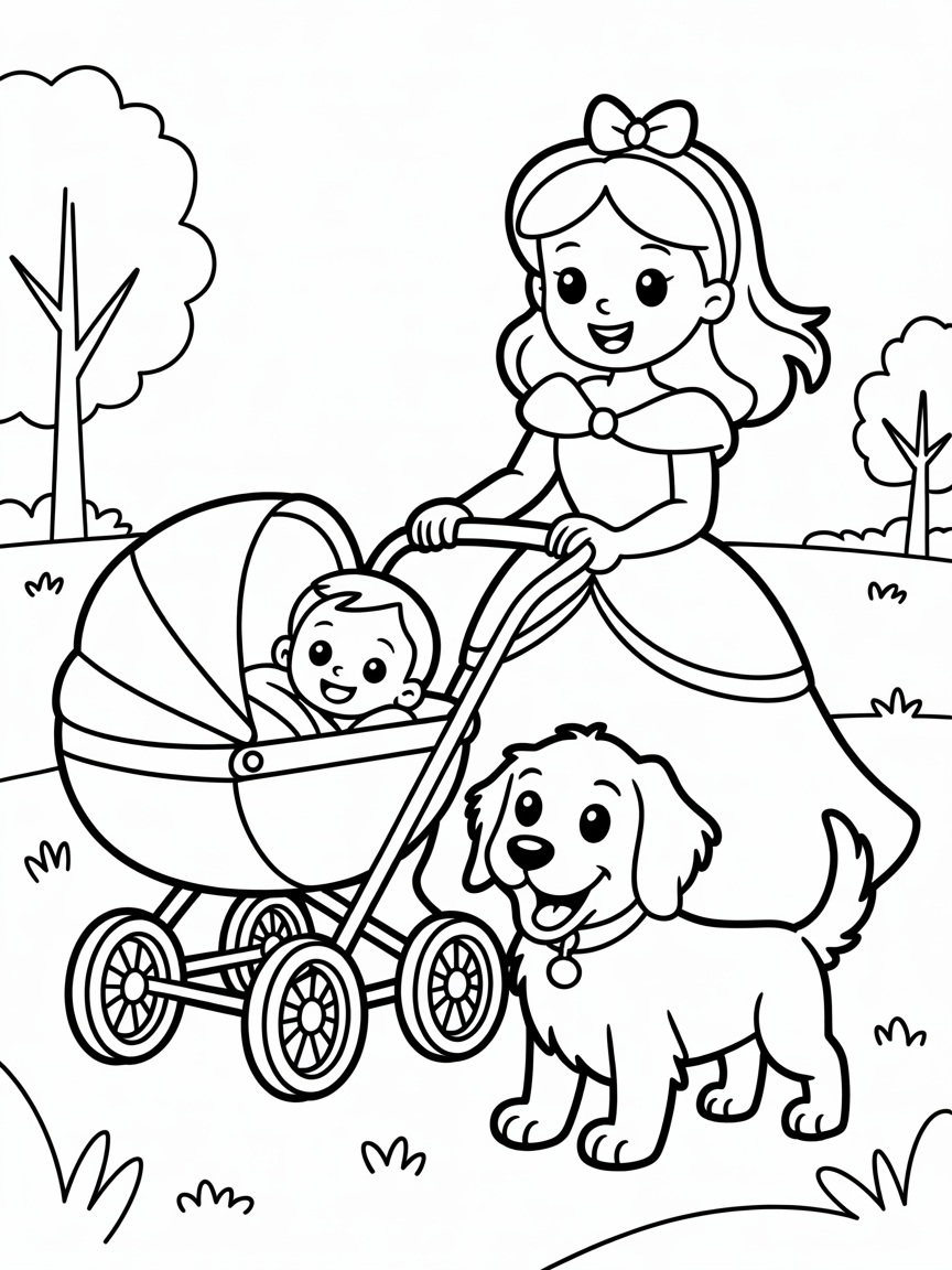A princess with a baby in a stroller and a doggy - Free Coloring Page