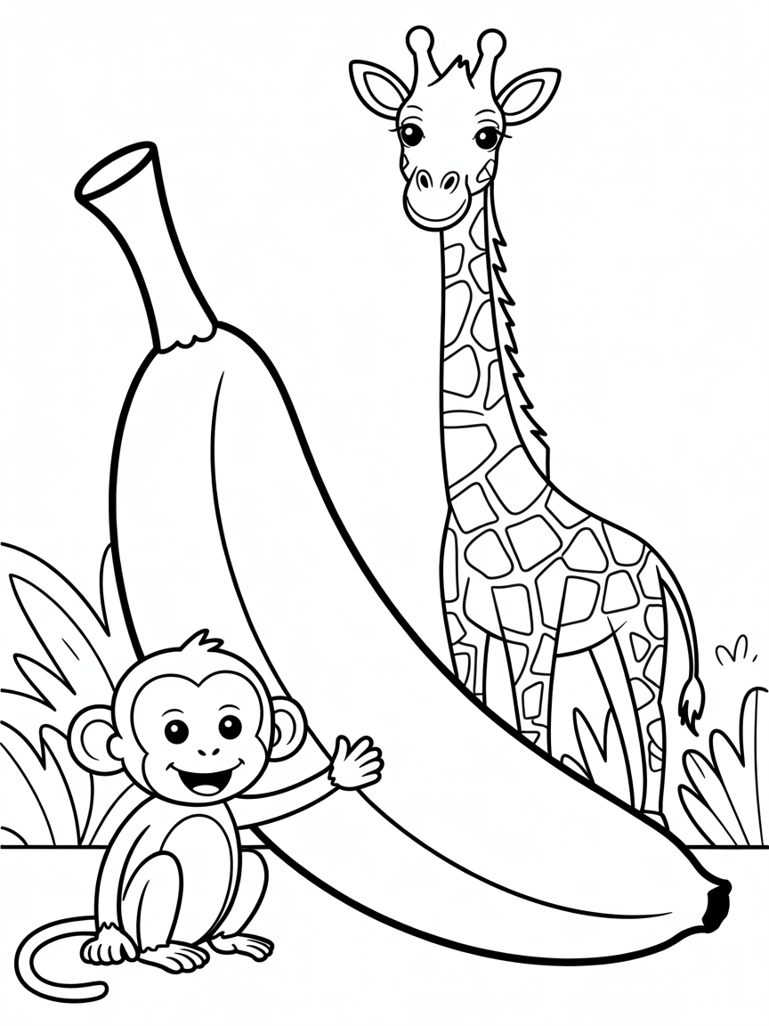 Giraffe and monkey eating banana - Free Coloring Page