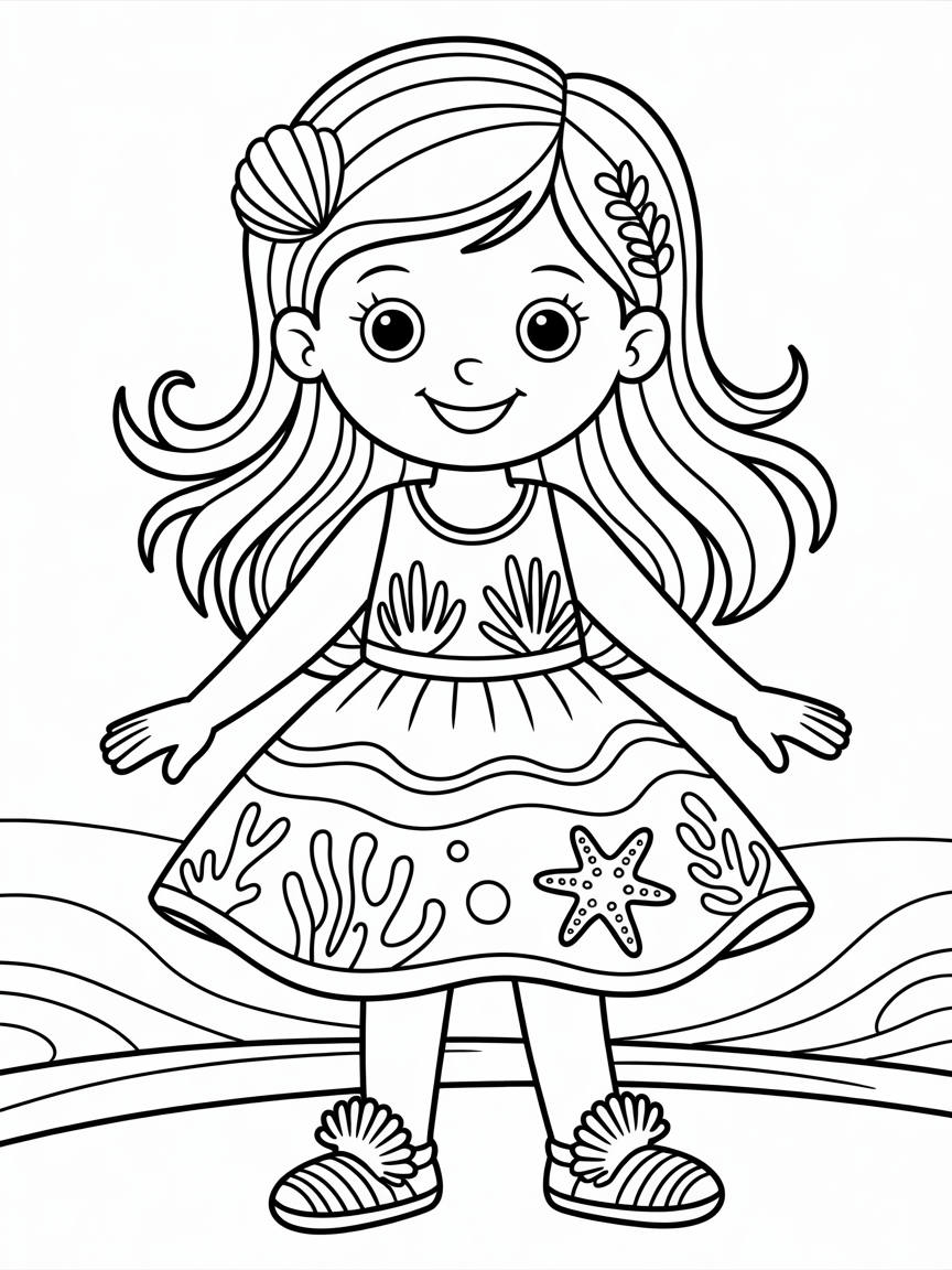 Beautiful girl water themed outfit and hair - Free Coloring Page