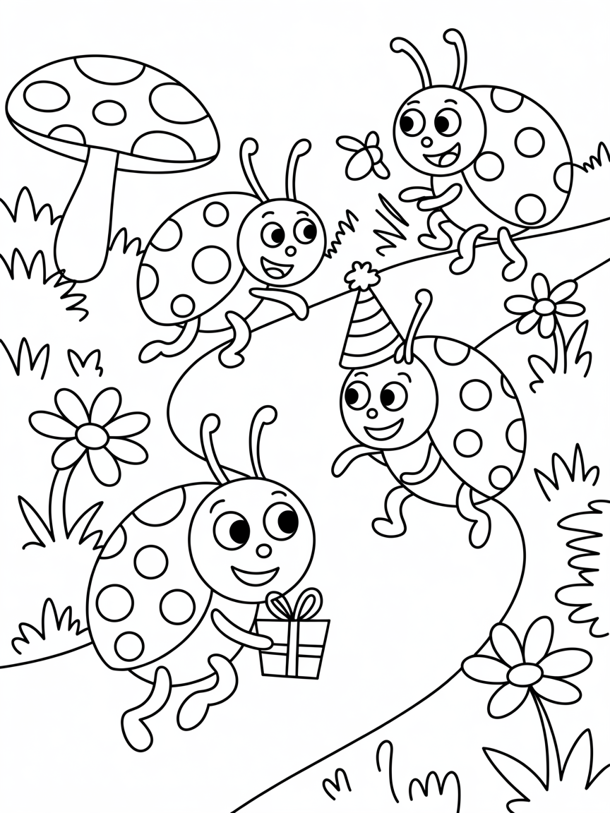 The ladybugs are late to an insect birthday party, - Free Coloring Page