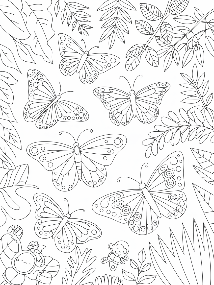 Butterflies in a rainforest - Free Coloring Page