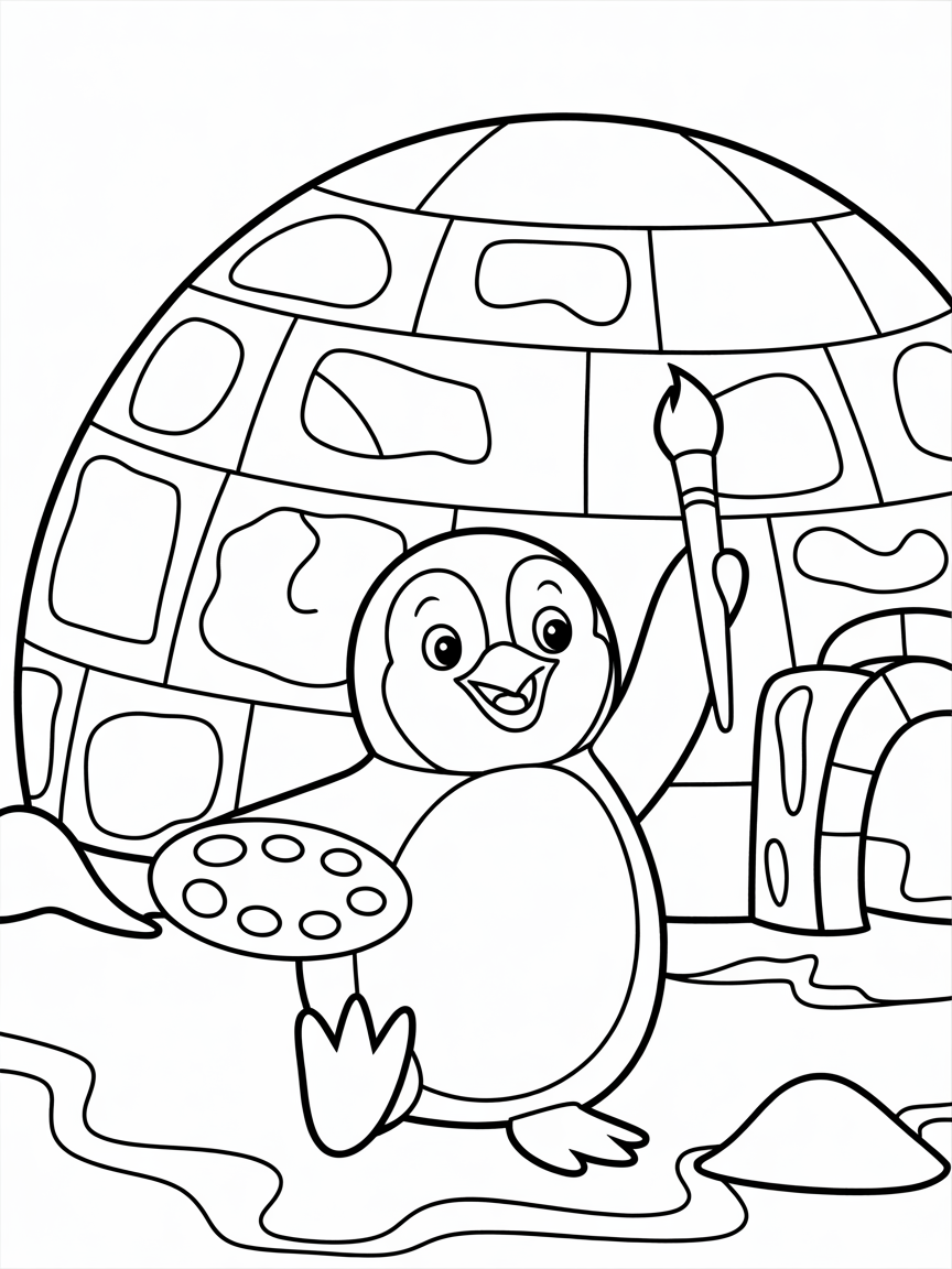 A penguin painting igloo murals - Free Coloring Page