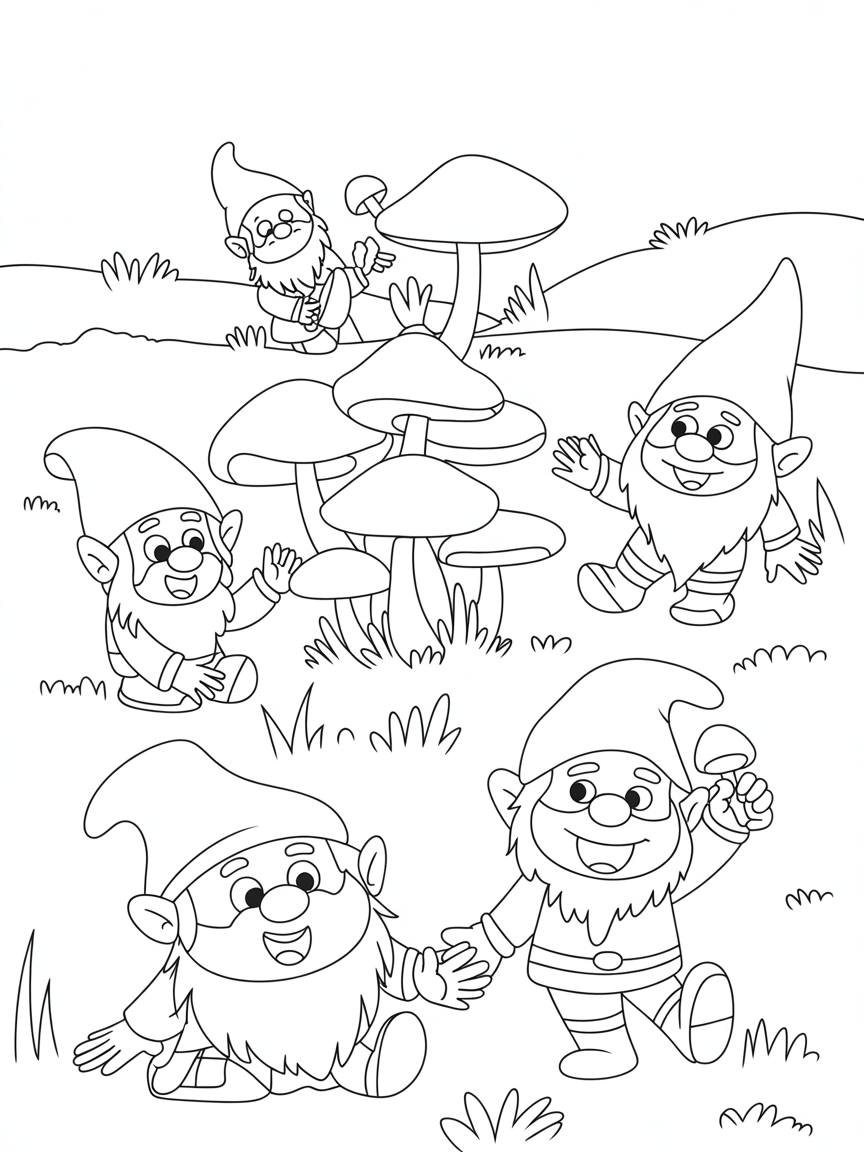 Mushrooms and gnomes - Free Coloring Page