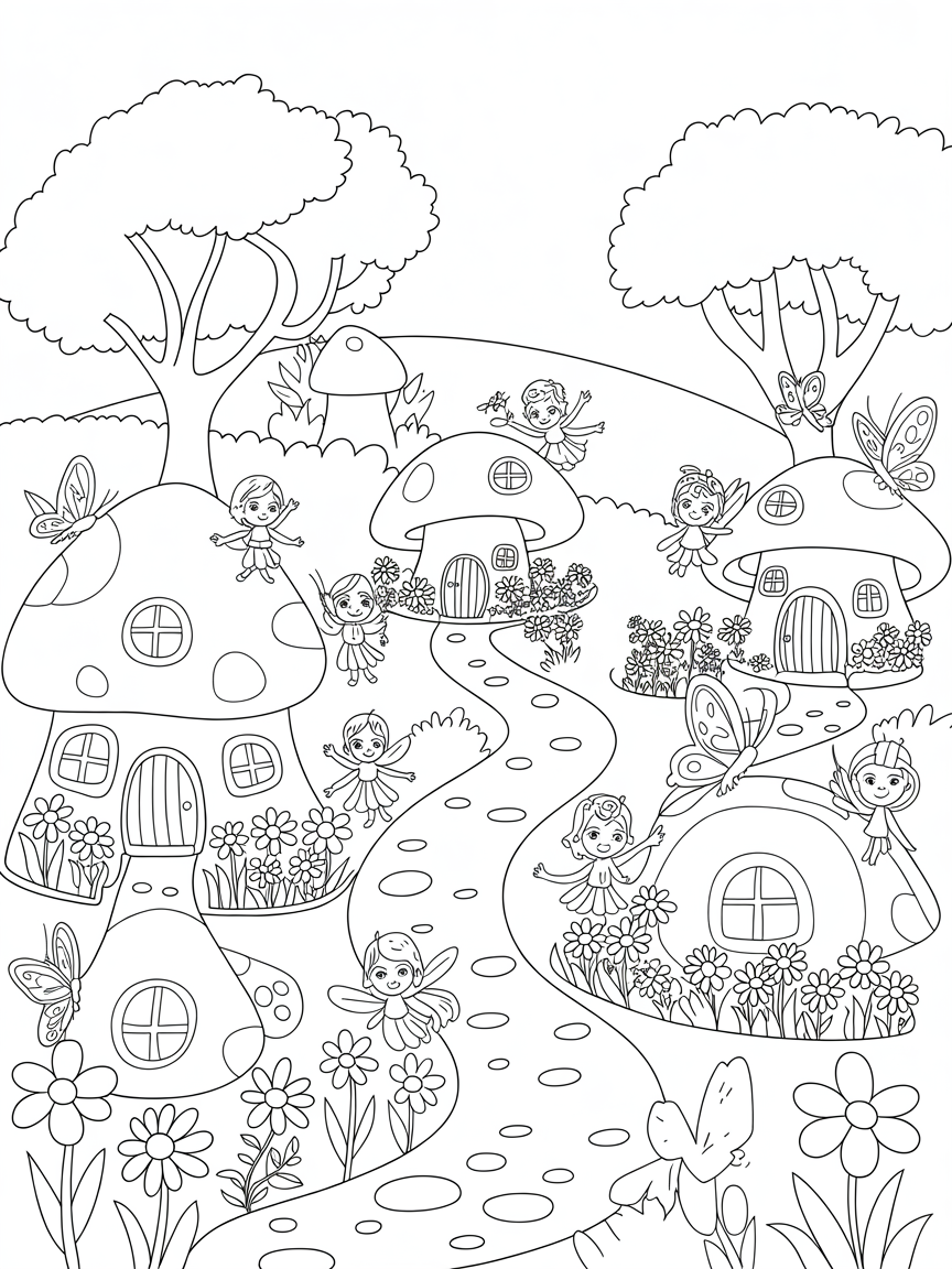 Fairy village in forest - Free Coloring Page