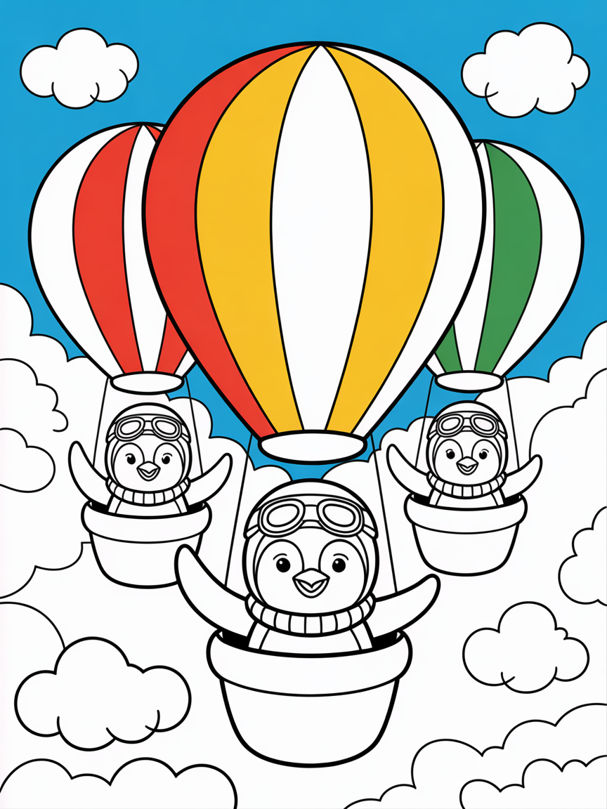 Penguin pilots in hot air balloons - Free Coloring Page