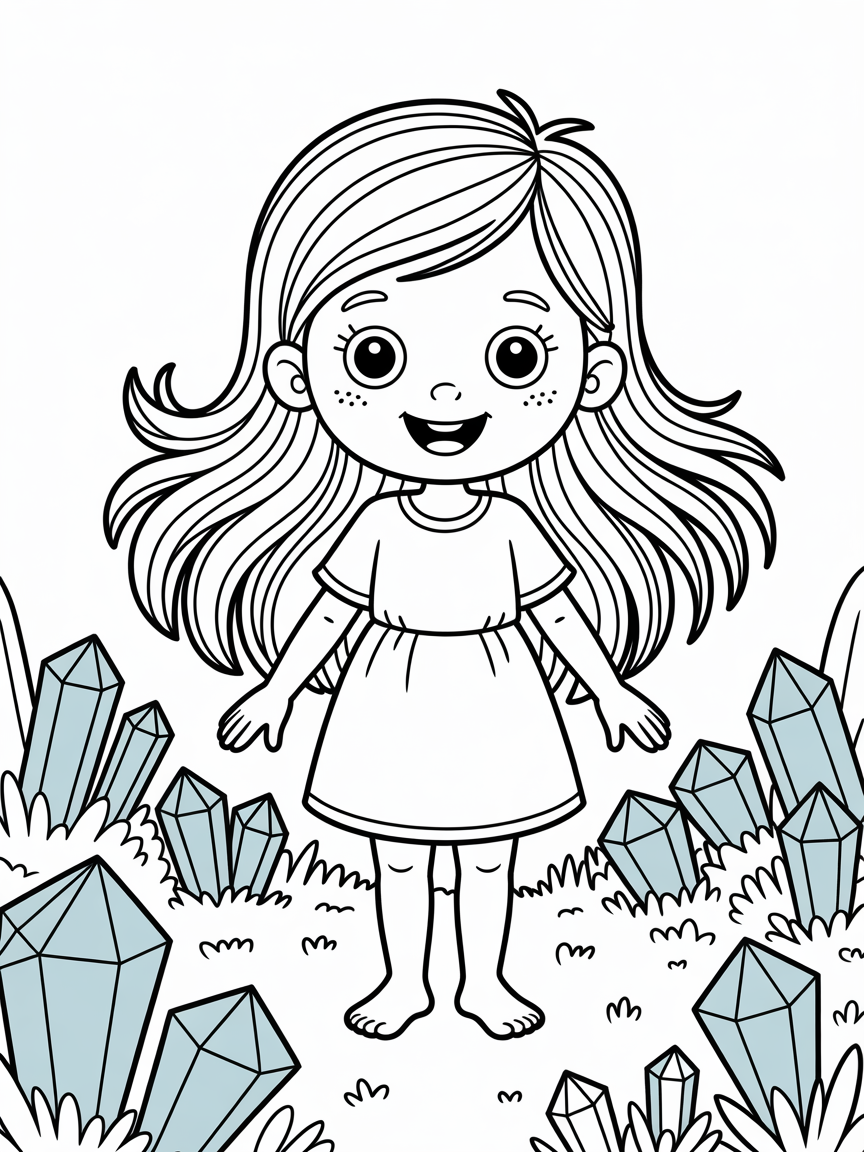 A little girl with very very very very long light brown hair with white tips at the bottom, Wearing a short light blue dress and no shoes in a magical enchanted forest in the morning in a meadow in the enchanted forest with big light blue gems and crystals - Free Coloring Page