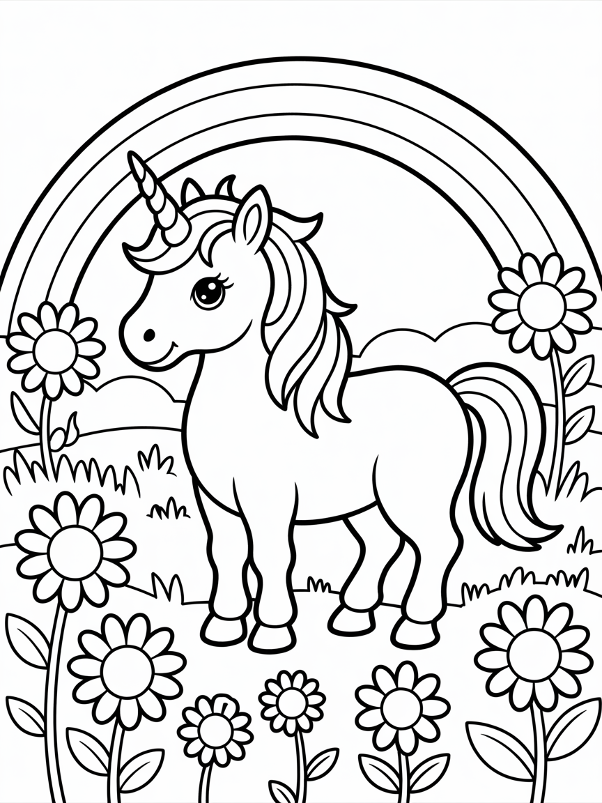 A realistic unicorn with flowers all around and a rainbow above - Free Coloring Page