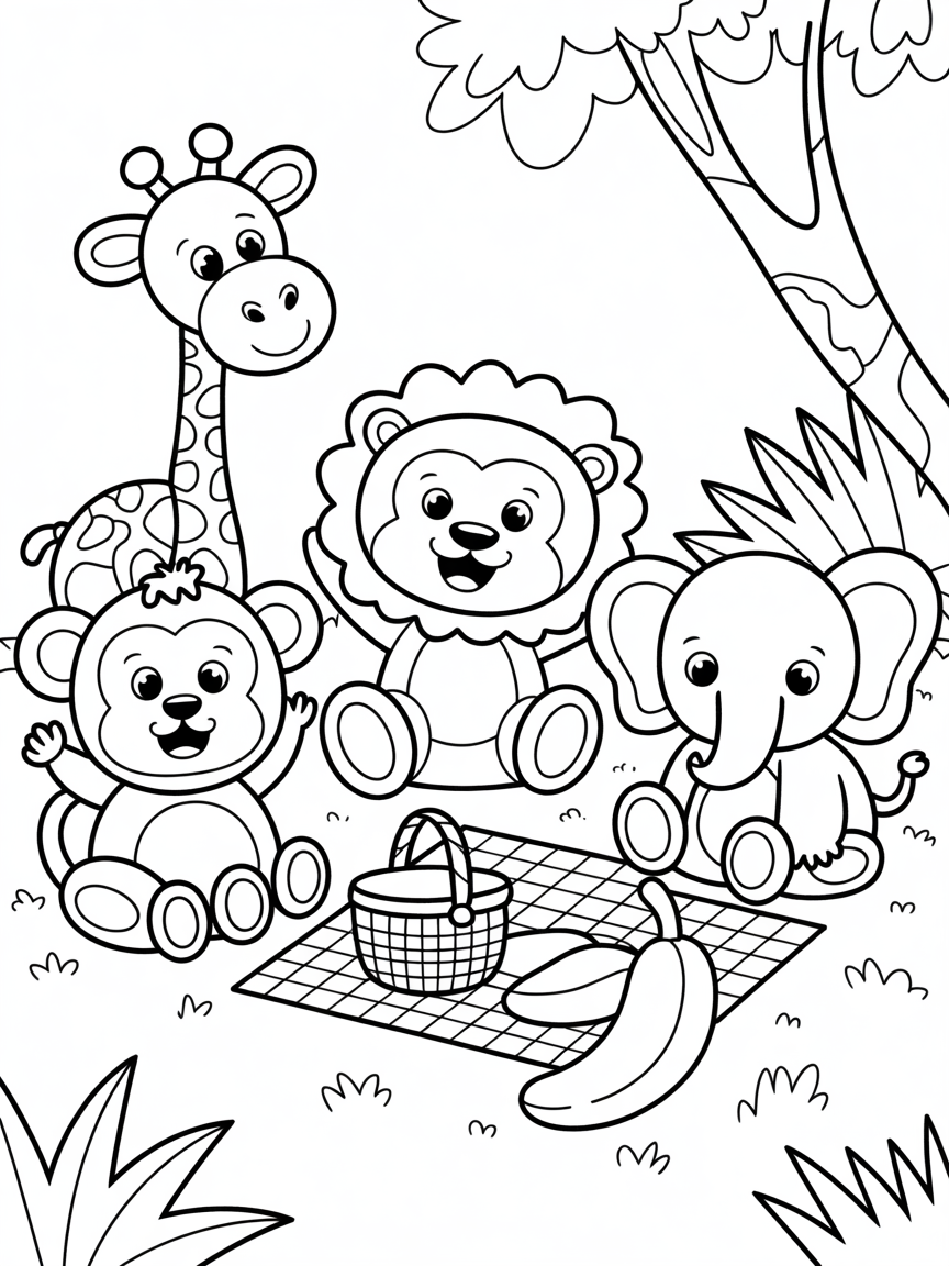 Balloon animals at a jungle picnic - Free Coloring Page