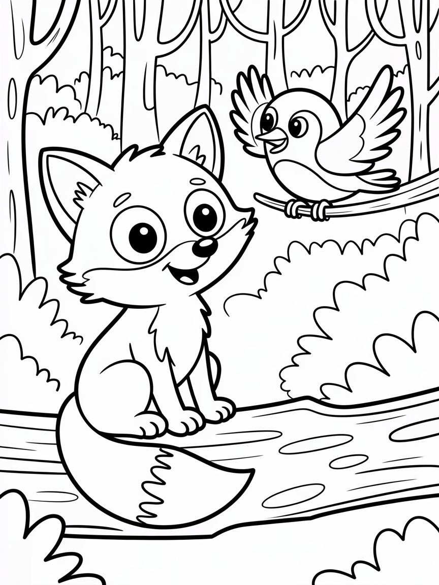 Fox and bird talking in the forest - Free Coloring Page
