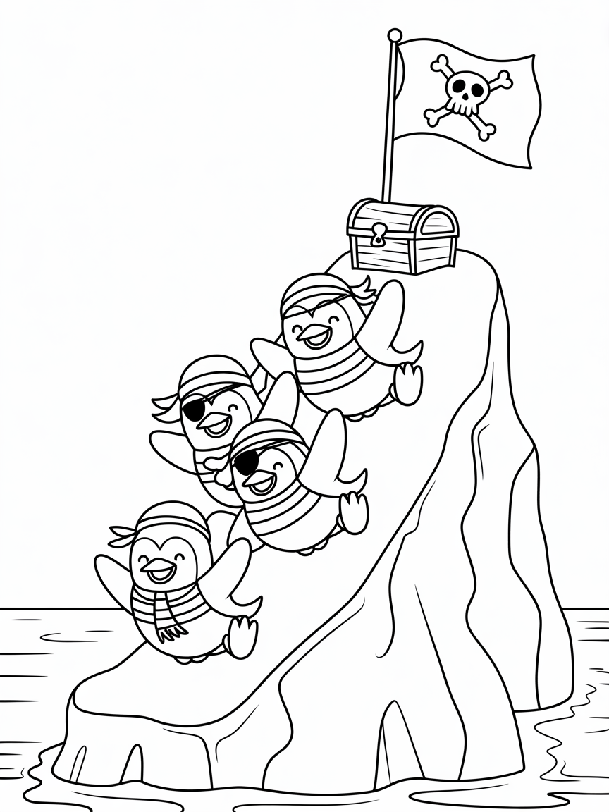 Pirate penguins on an iceberg adventure - Free Coloring Page