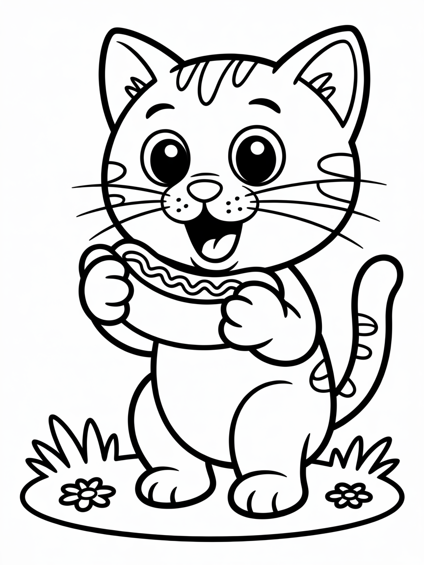 Cat eating a hotdog - Free Coloring Page