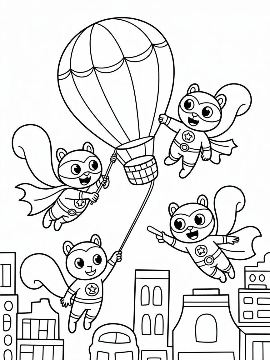 Superhero squirrels saving the city - Free Coloring Page