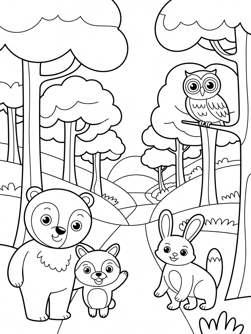 Forest with cute creatures - Free Coloring Page