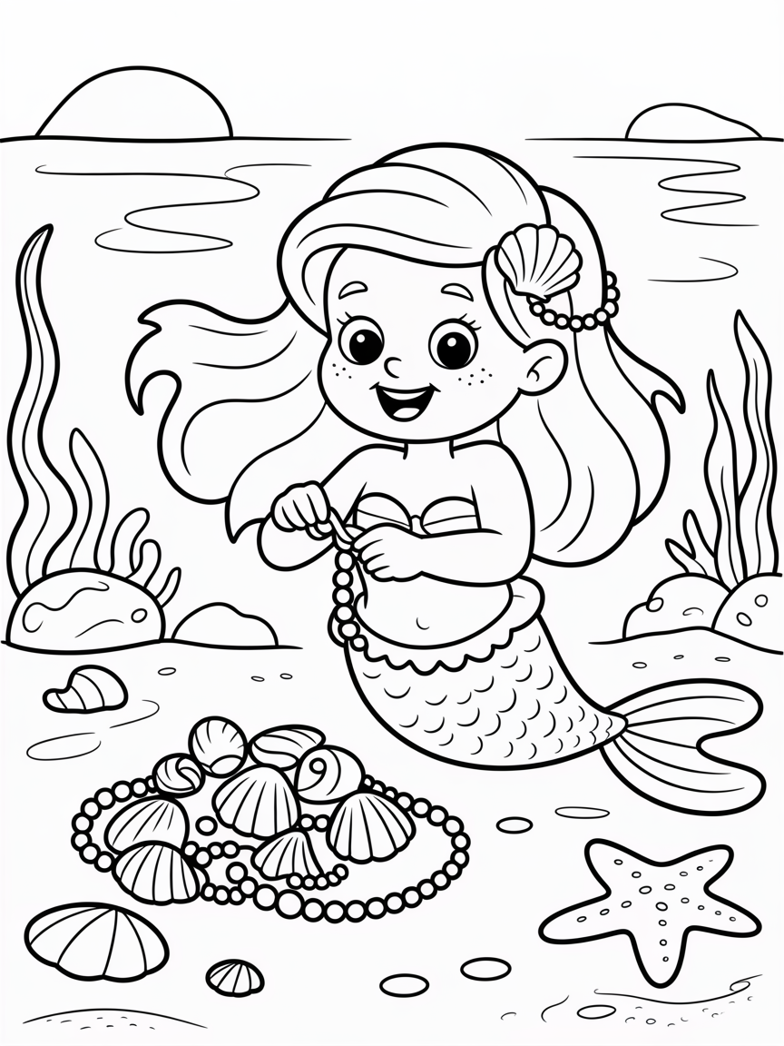 Mermaid crafting seashell jewelry - Free Coloring Page