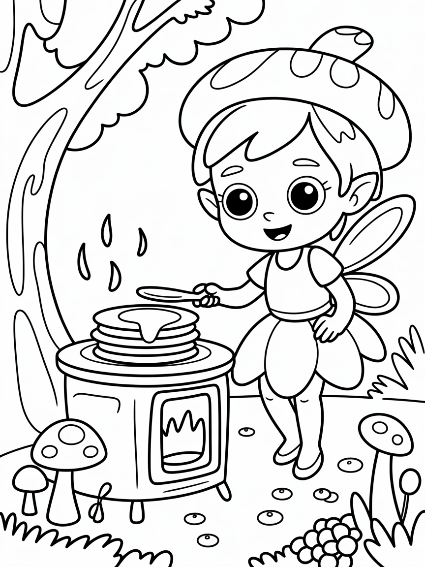 Fairy cooking pancakes in the forest - Free Coloring Page