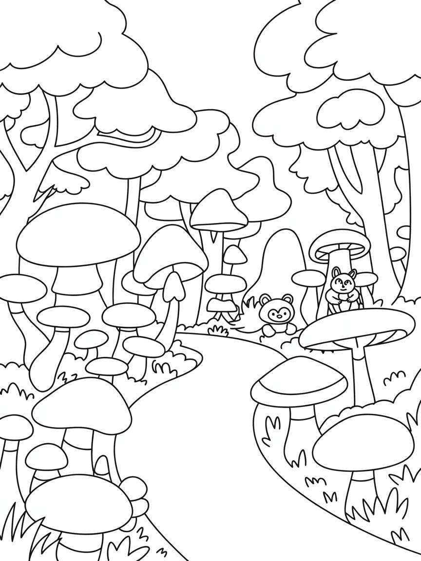 Magical Forest with mushrooms growing and a path through the middle - Free Coloring Page