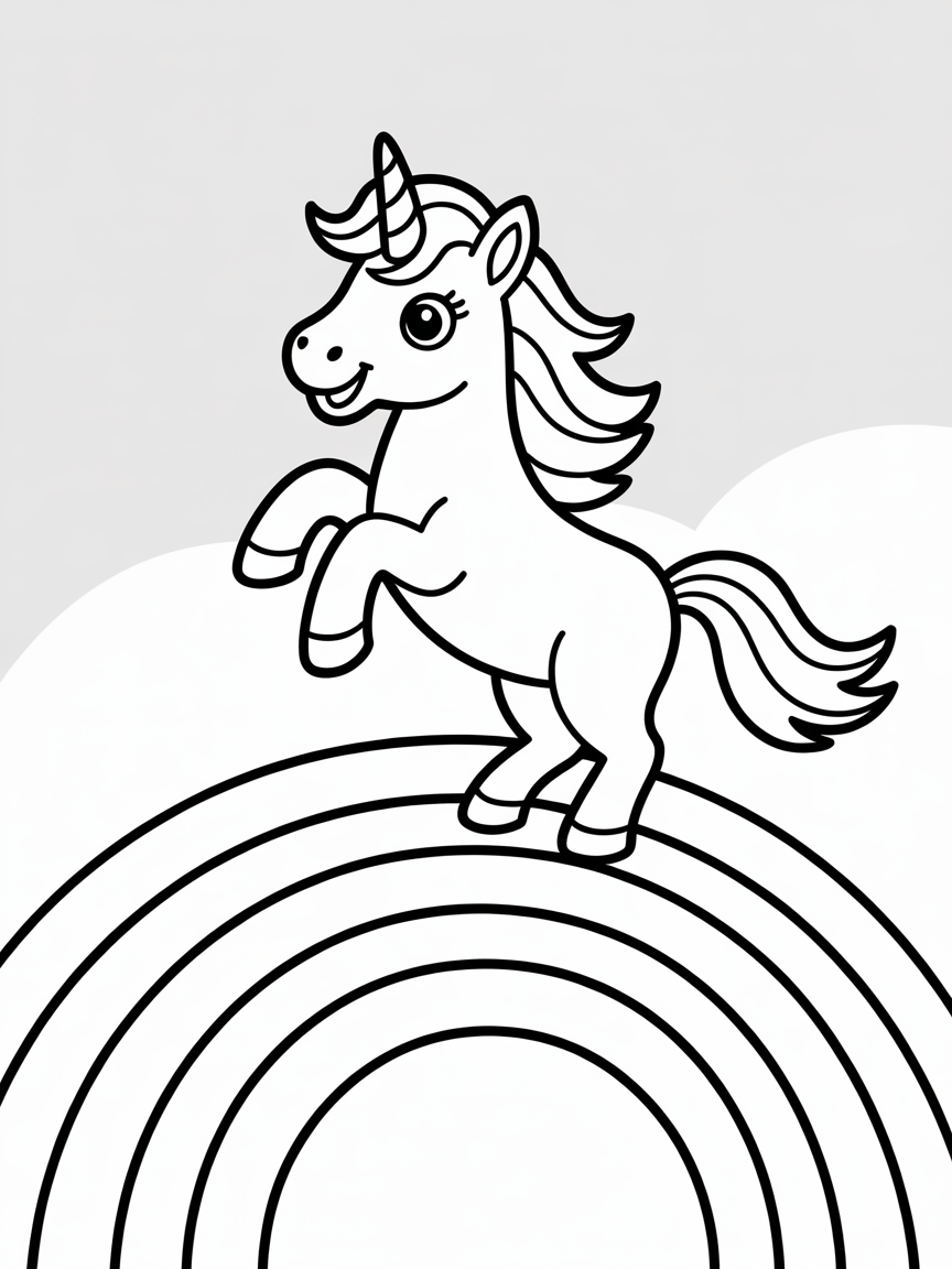 Unicorn dancing on a rainbow - Free Coloring Page