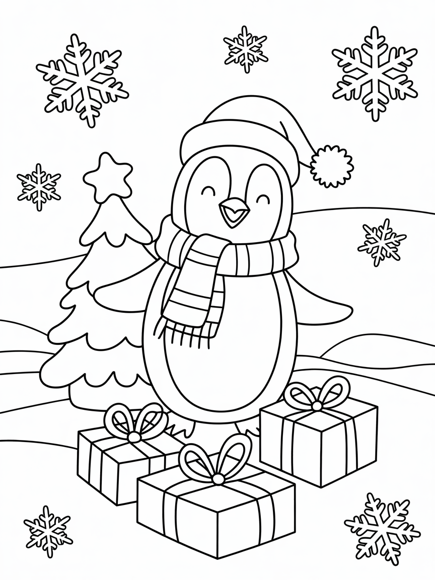 Penguin celebrating christmas - Free Coloring Page