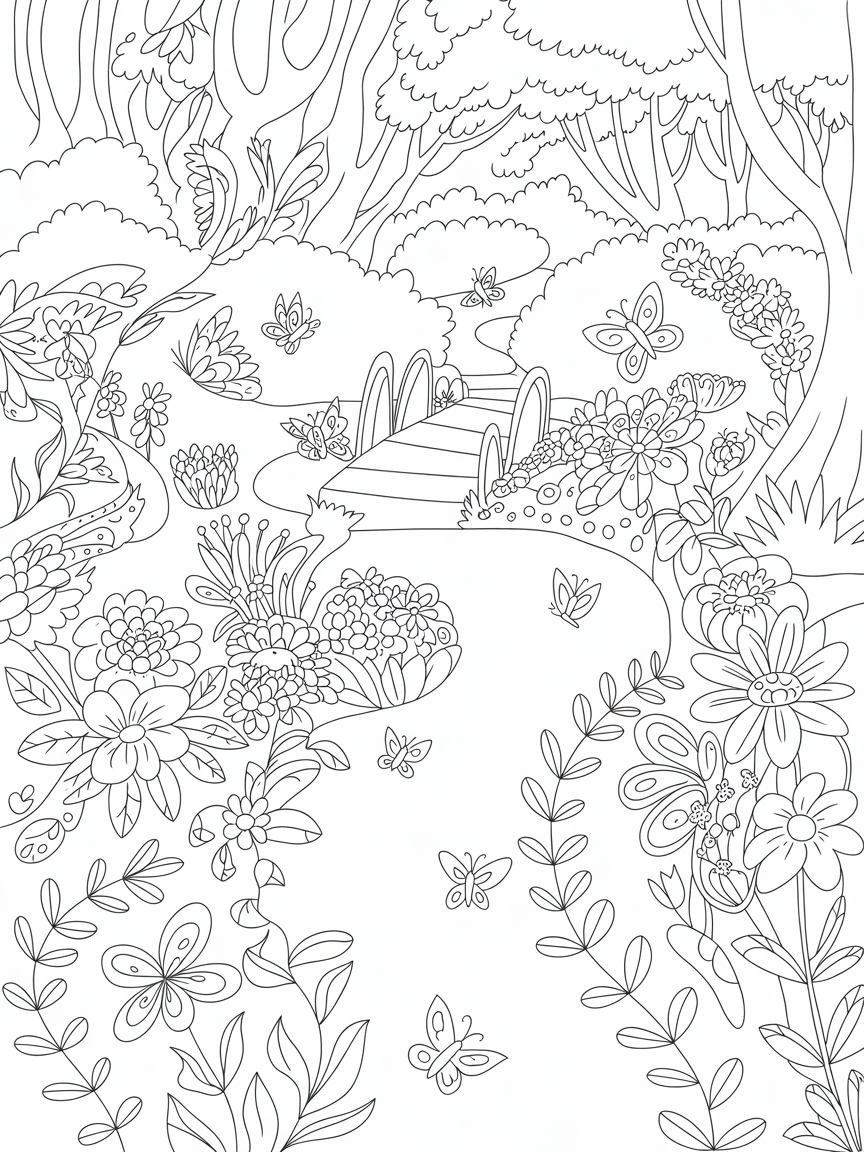 A magical garden with small butterflies - Free Coloring Page