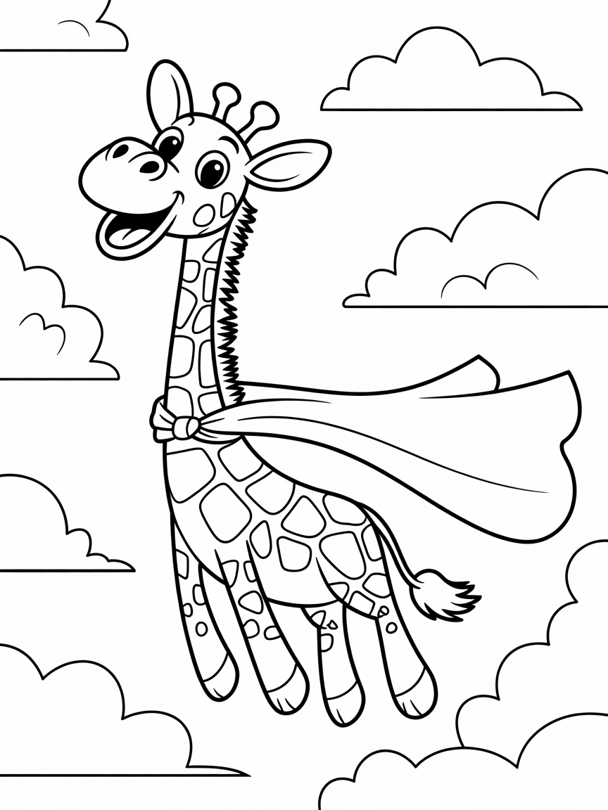 Giraffe wearing superhero cape flying - Free Coloring Page