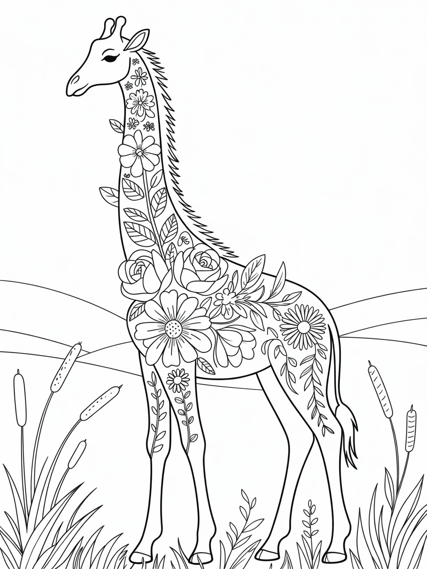 A giraffe made of flowers - Free Coloring Page
