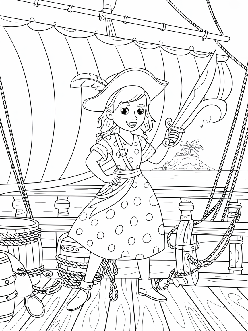 A pirate girl in a spotty dress - Free Coloring Page