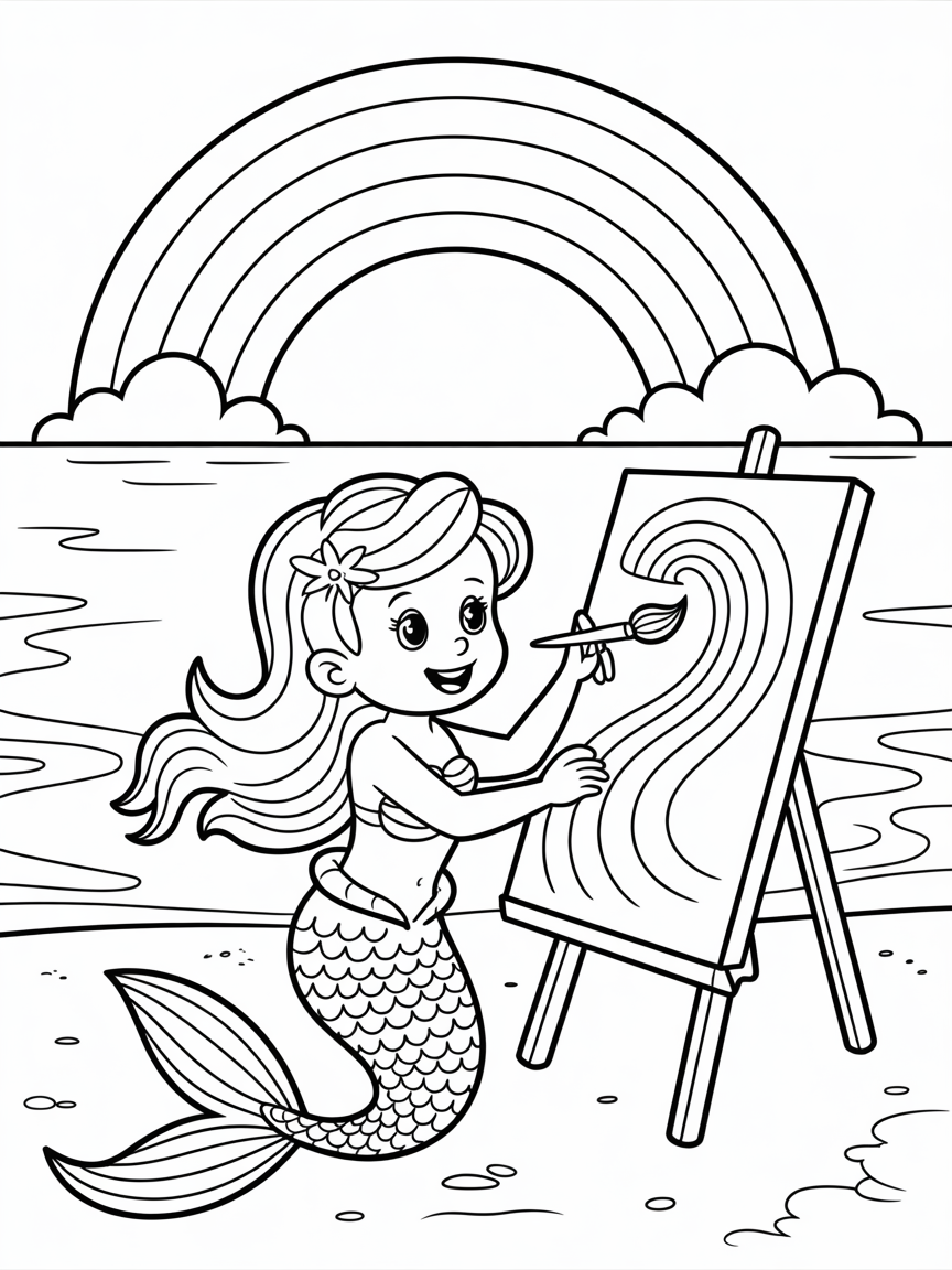 Mermaid painting a rainbow seascape - Free Coloring Page