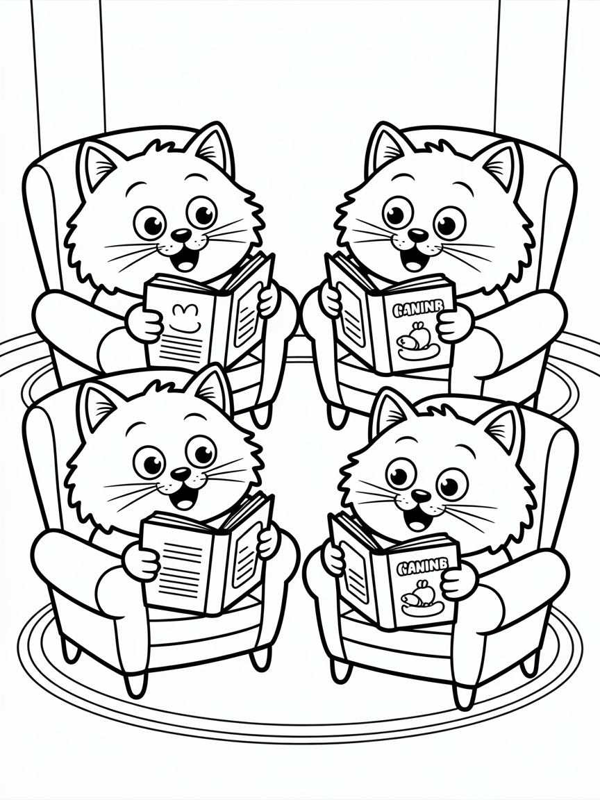 Giant cats reading tiny books - Free Coloring Page