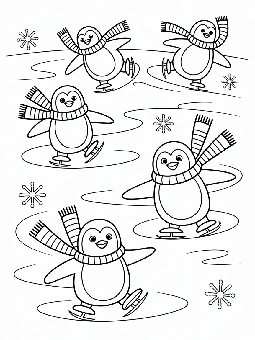 Penguins ice skating with scarves - Free Coloring Page
