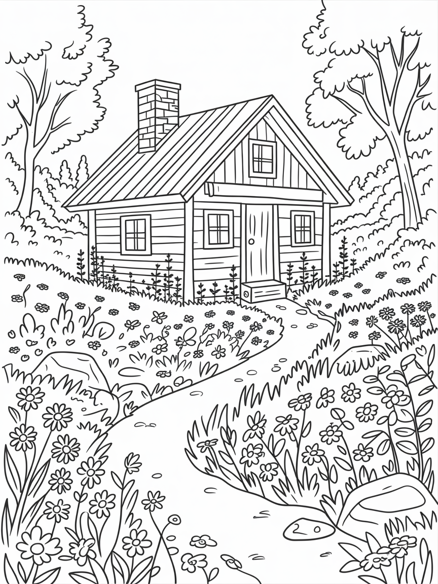 Cabin in a meadow - Free Coloring Page