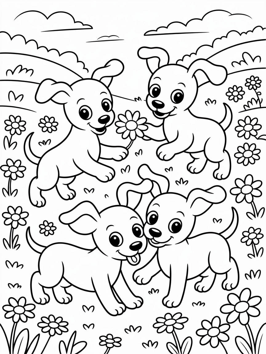Kawaii whippets in a meadow - Free Coloring Page