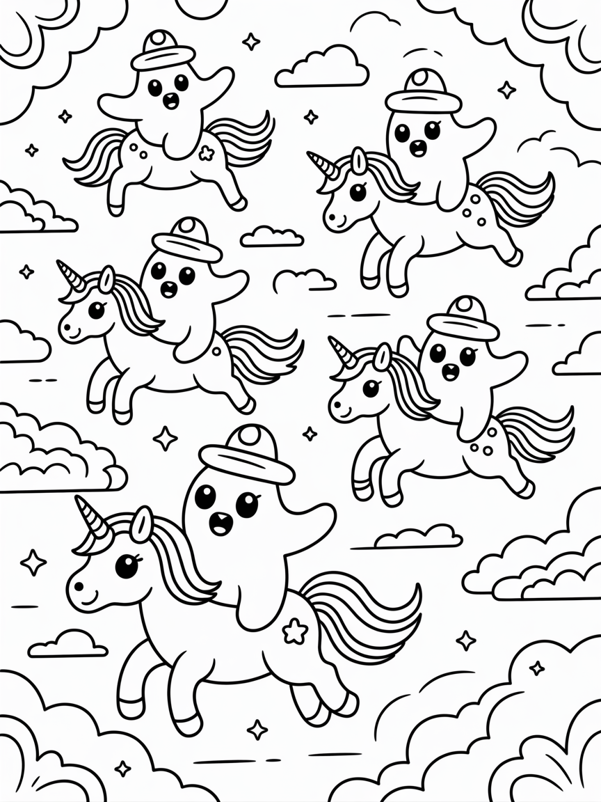 Kawaii ghosts riding unicorns - Free Coloring Page