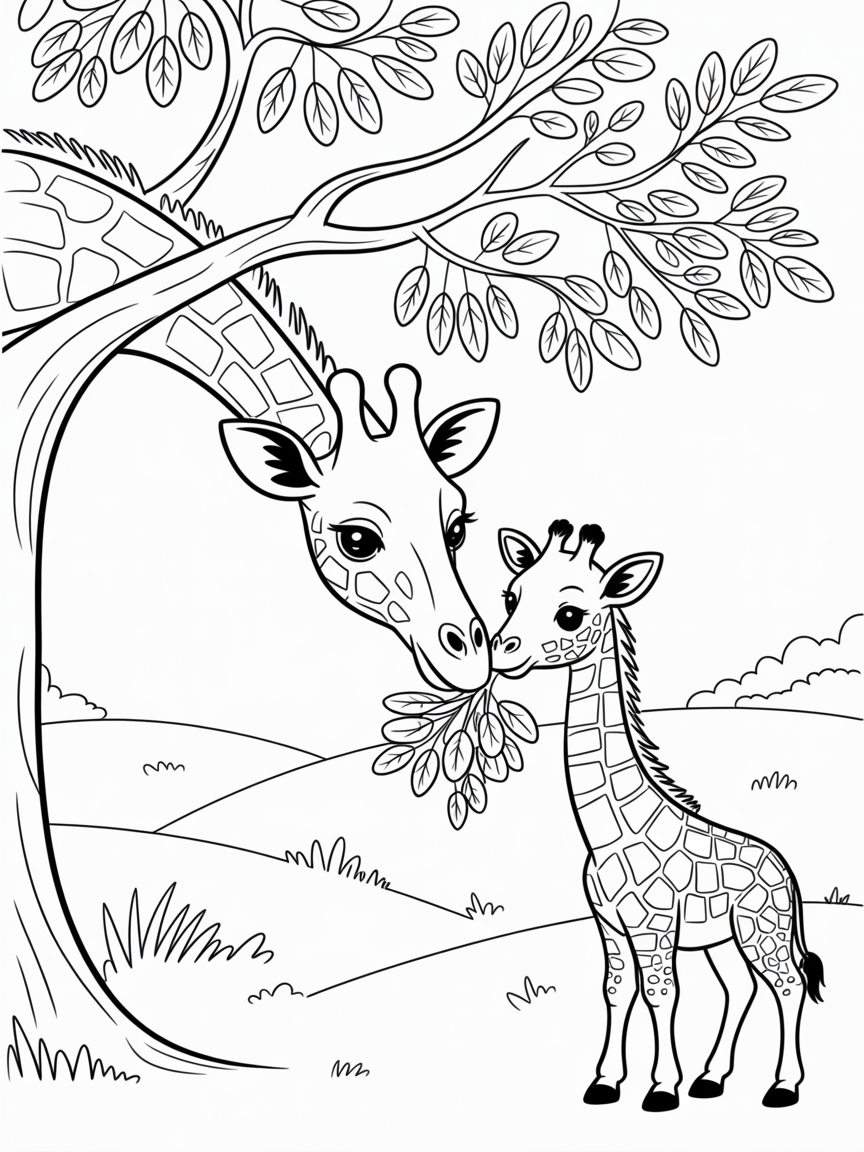 Giraffe eating leaves and passing leaves to baby - Free Coloring Page