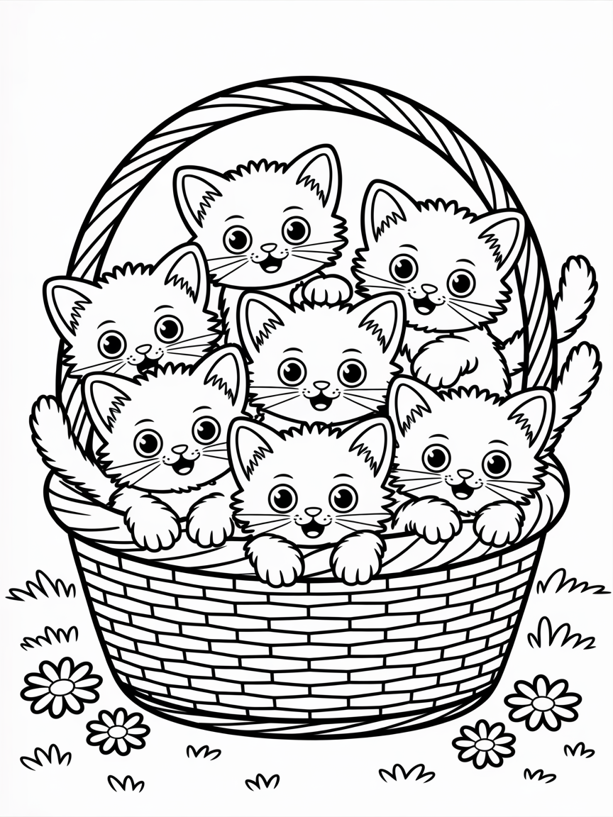 Basket of kittens - Free Coloring Page