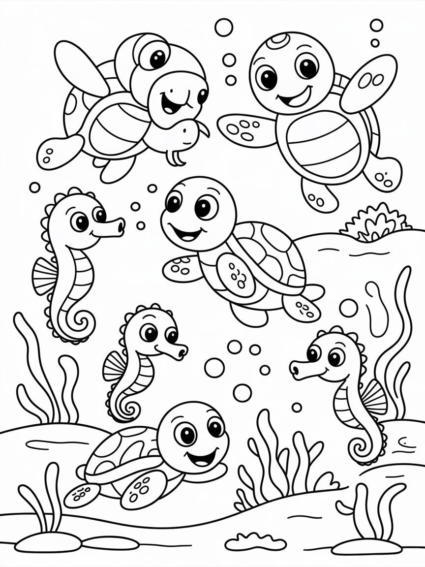 Turtles and seahorses - Free Coloring Page
