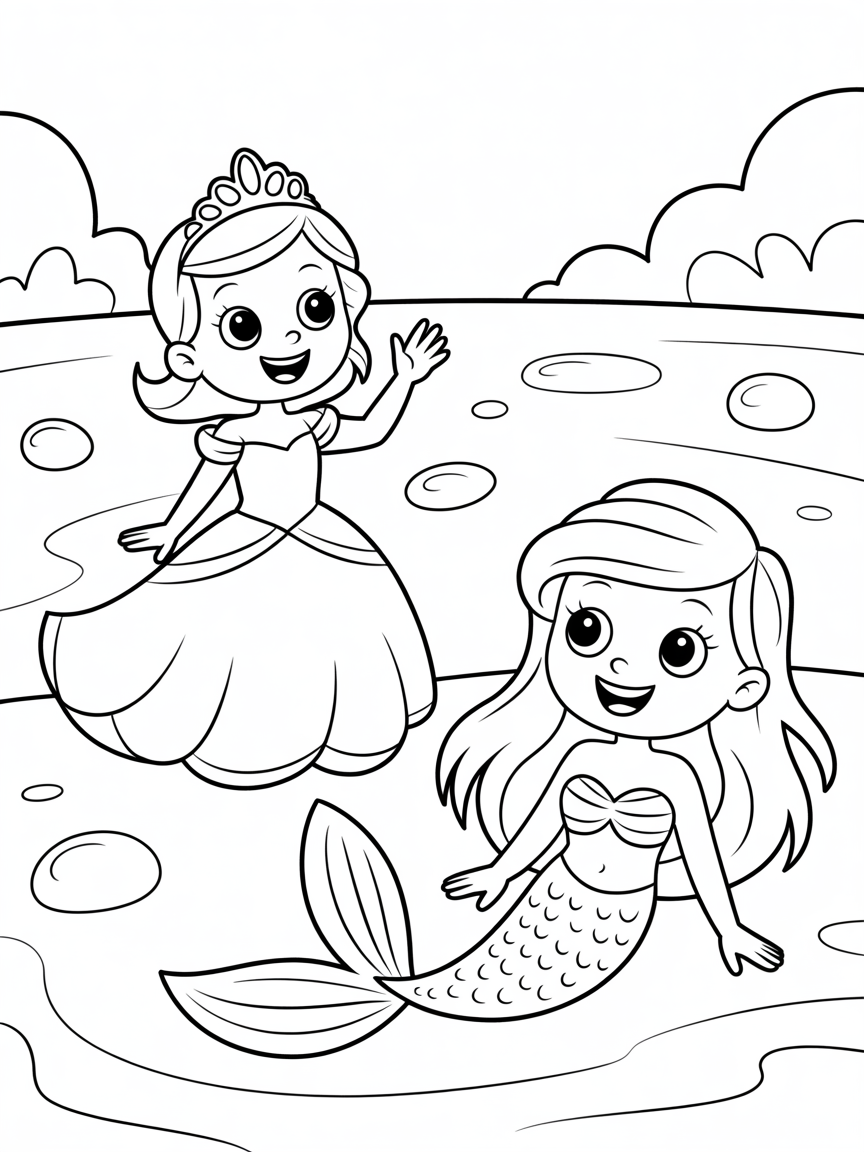 Princess and mermaid - Free Coloring Page